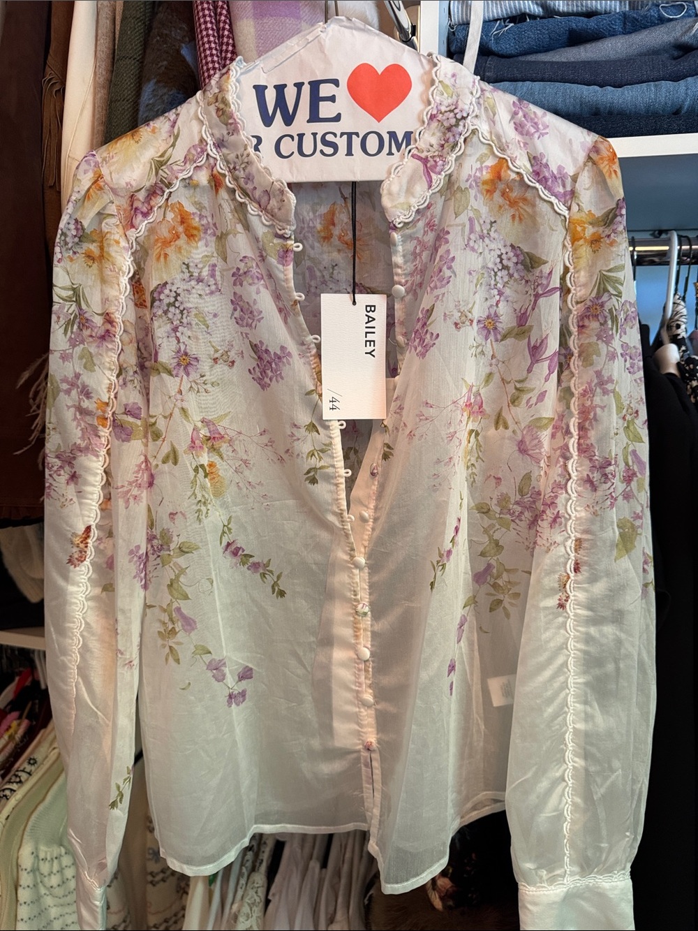 Bailey 44 Sheer Floral Button-Up Blouse in Lavender, Yellow & Green